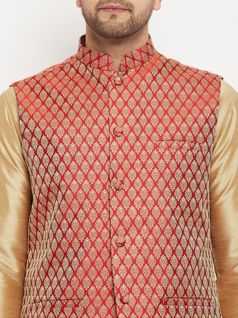 Vastramay Men's Rose Gold Silk Blend Kurta And Pant Style Pyjama With Maroon Woven Nehru Jacket